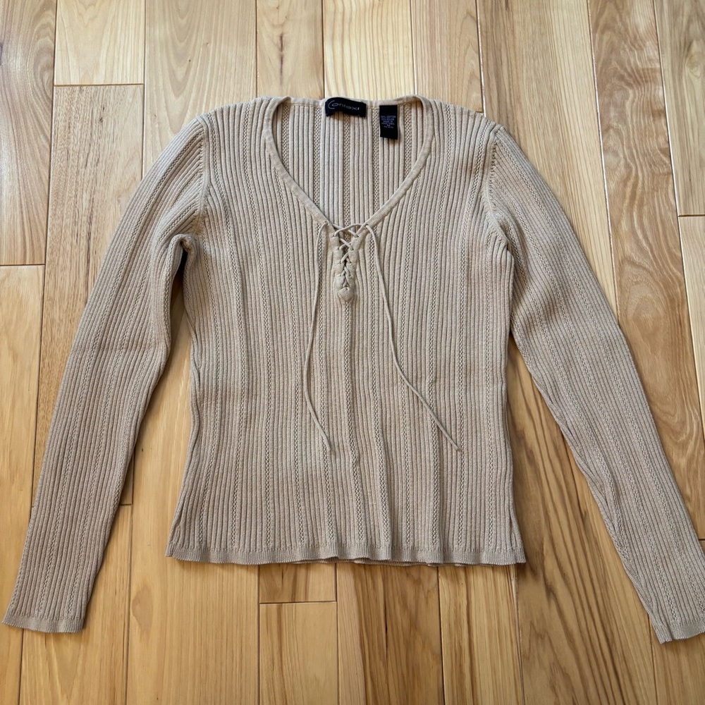 Vintage Y2K Context Ribbed Lace Up Accent Tan Long Sleeve Top